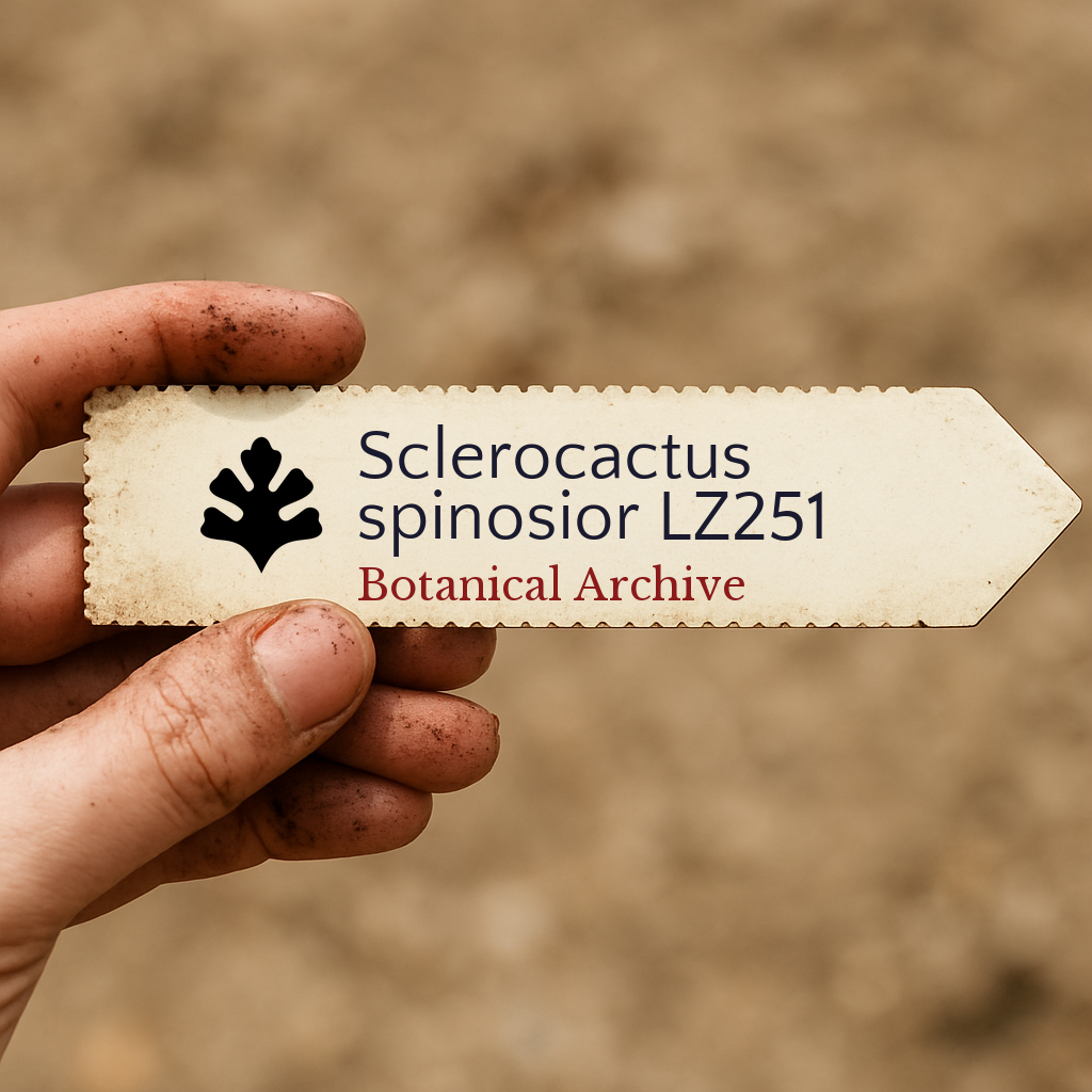 Printed plant label for Sclerocactus spinosior LZ251 held by hand with dirt background
