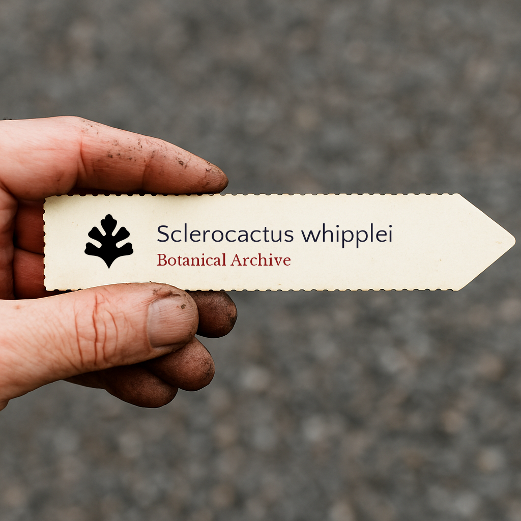 Printed plant label for Sclerocactus whipplei held by dirty hand outdoors