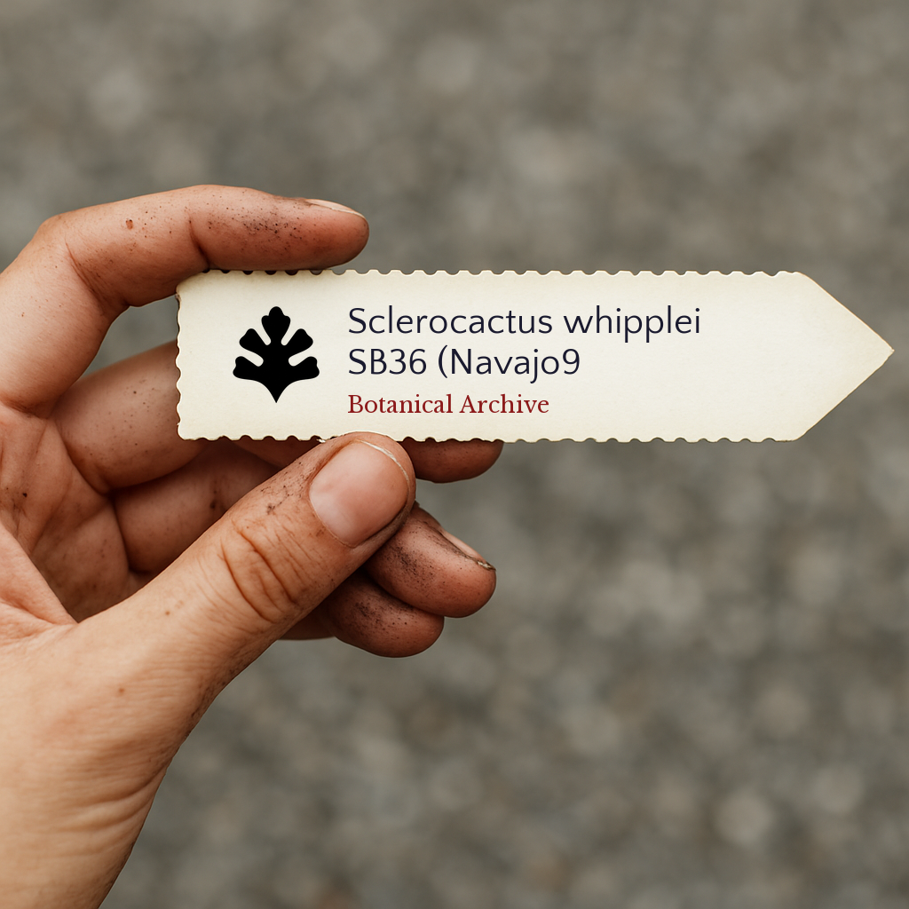 Printed plant label for Sclerocactus whipplei with botanical archive logo in hand