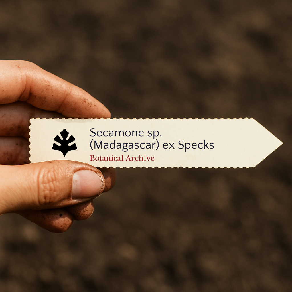 Printed plant label for Secamone sp. held by hand with soil background