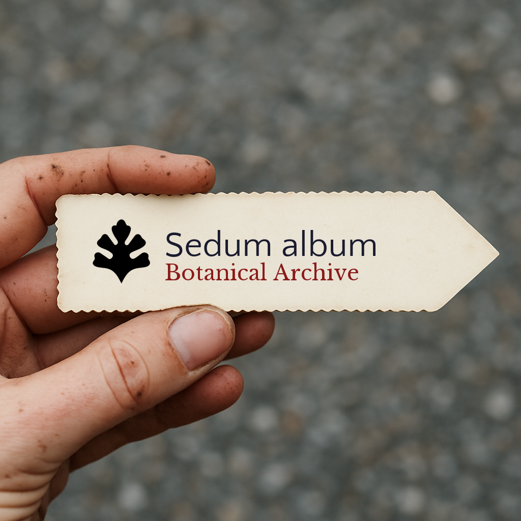 Printed plant label for Sedum album with botanical archive logo held by hand