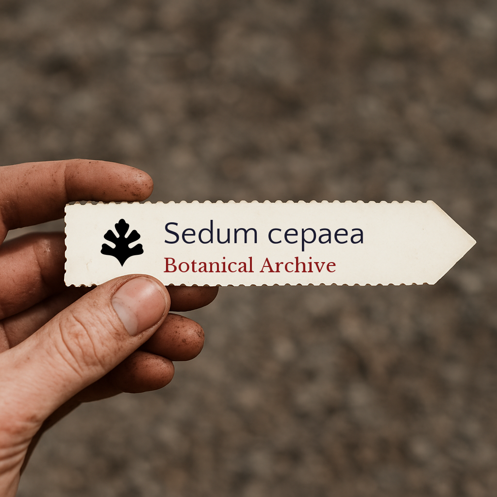 Etichetta per piante stampata per Sedum cepaea tenuta in mano con sfondo sfocato