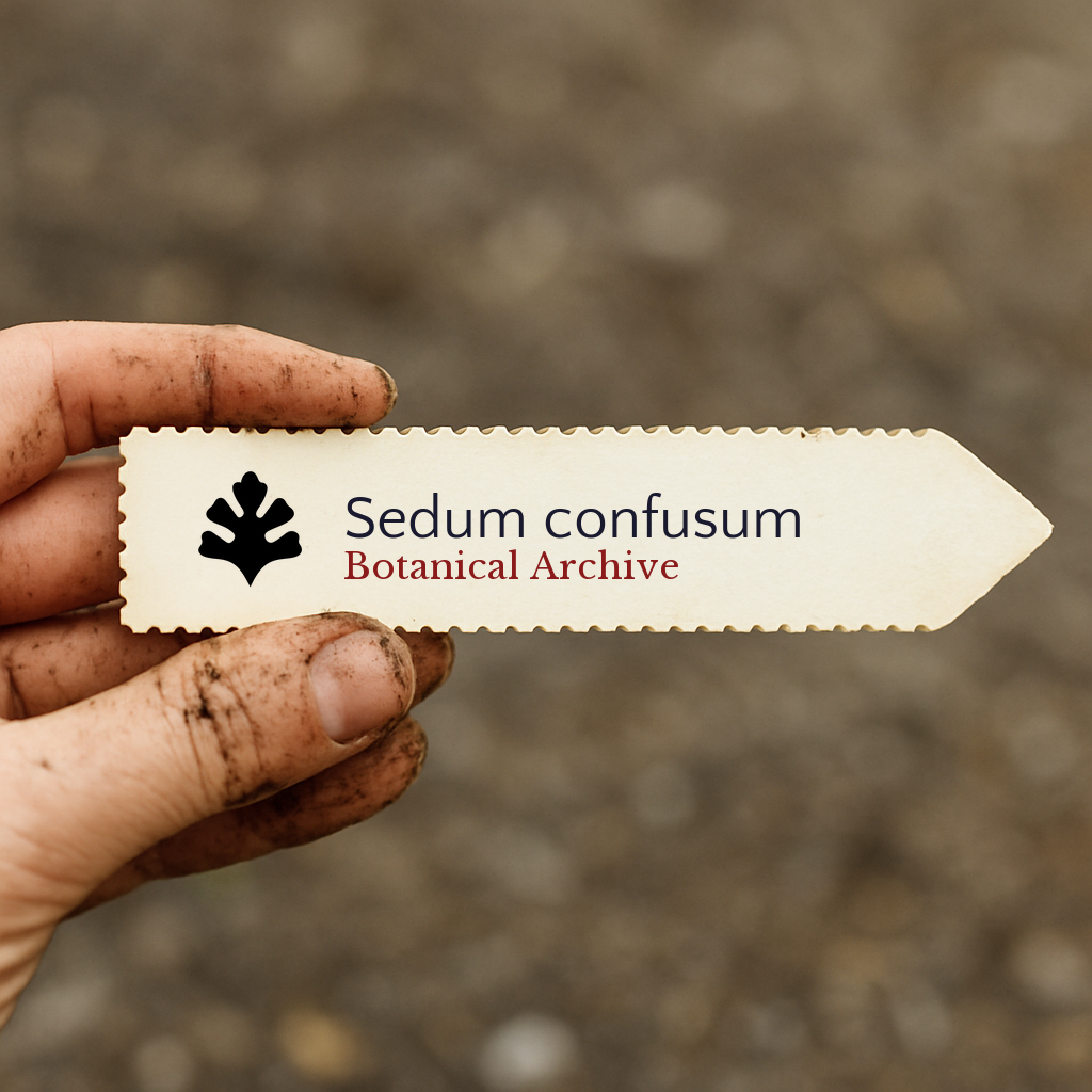 Printed plant label for Sedum confusum with botanical archive logo held by dirty hand