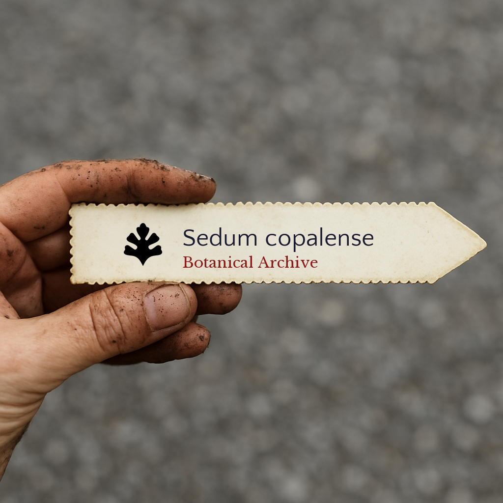 Etichetta stampata per pianta di Sedum copalense tenuta da mano sporca con sfondo sfocato