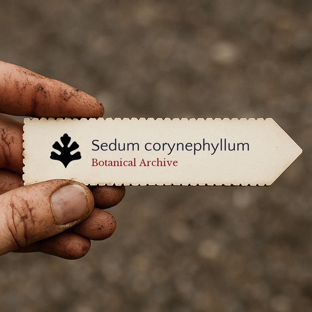 Etichetta per pianta stampata per Sedum corynephyllum tenuta da mano sporca all'aperto
