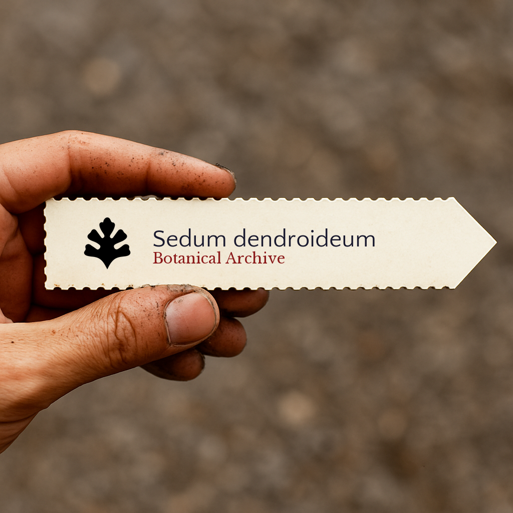 Etichetta per piante stampata per Sedum dendroideum tenuta da una mano sporca di terra all'aperto