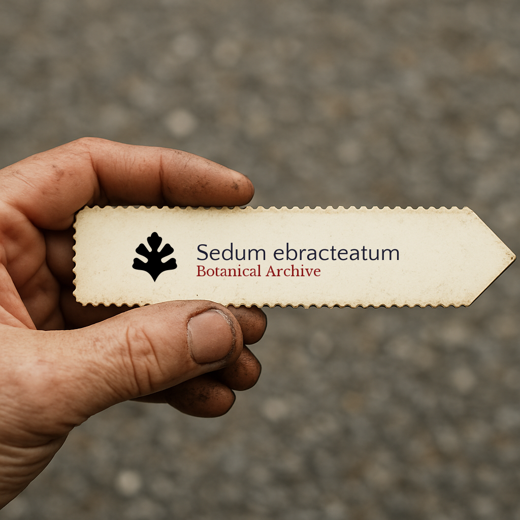 Printed plant label for Sedum ebracteatum held by hand with dirt background
