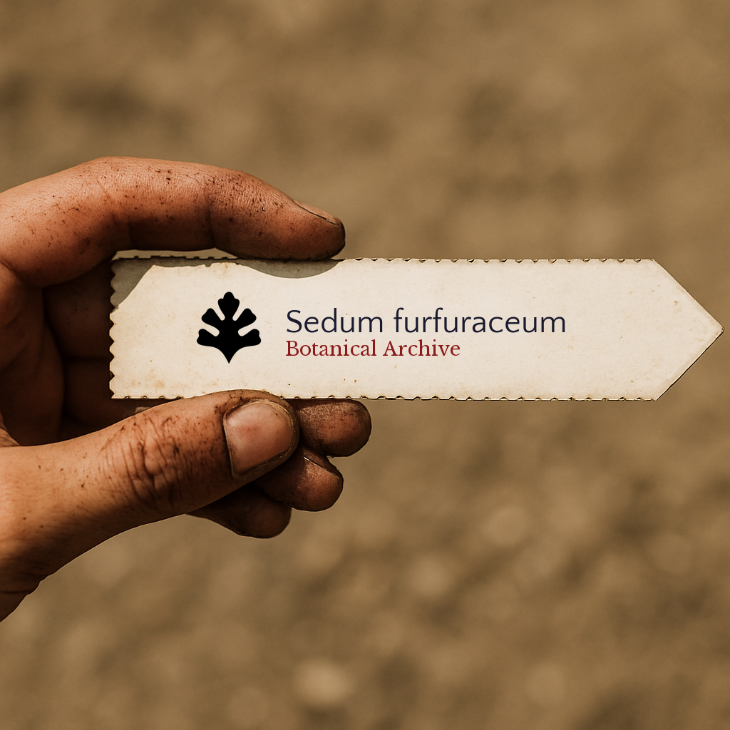 Printed plant label for Sedum furfuraceum held by dirty hand outdoors