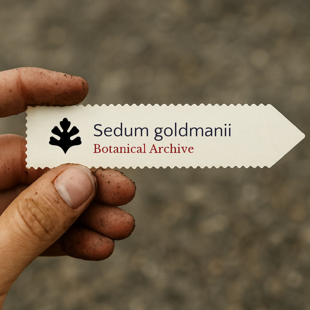 Printed plant label for Sedum goldmanii held by dirty hand outdoors