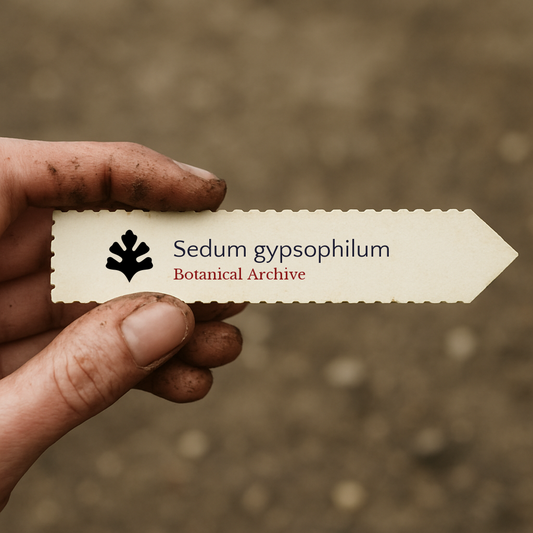 Printed plant label for Sedum gypsophilum held by dirty hand over soil background