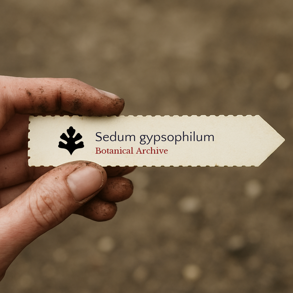 Printed plant label for Sedum gypsophilum held by dirty hand outdoors
