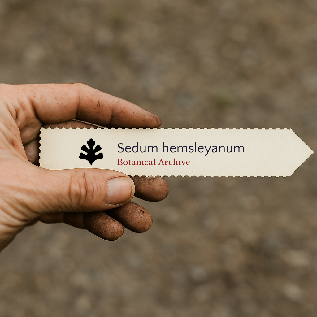 Etichetta per piante stampata per Sedum hemsleyanum tenuta a mano con terra sulle dita