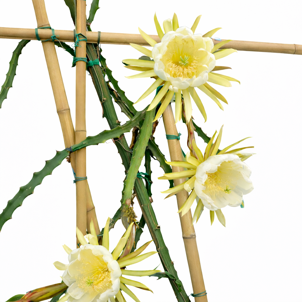 Selenicereus megalanthus cactus with large creamy yellow flowers on bamboo trellis