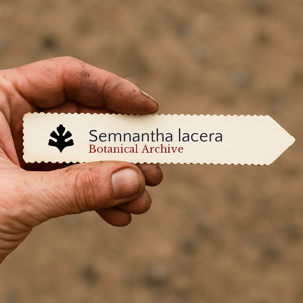 Etichetta per pianta stampata per Semnantha lacera tenuta dalla mano sporca di un giardiniere contro lo sfondo di terra