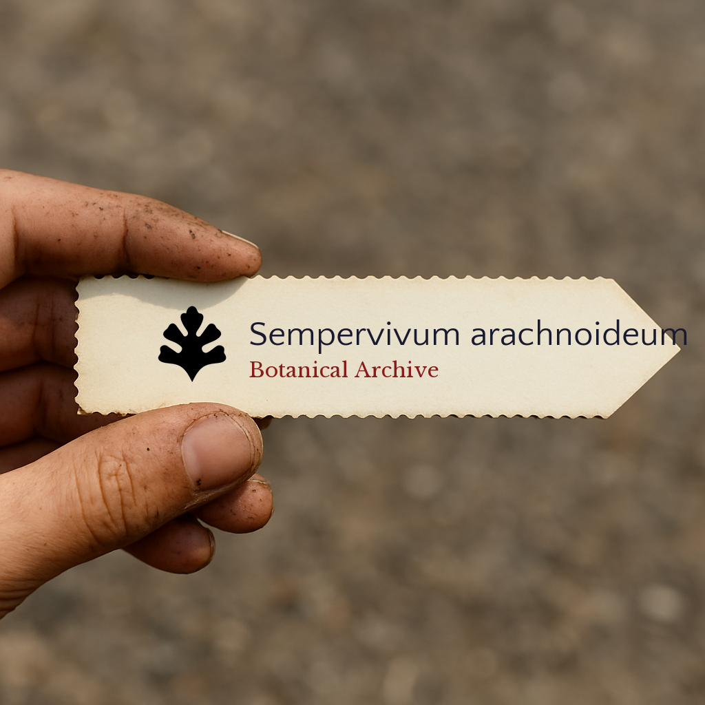 Etichetta stampata per pianta di Sempervivum arachnoideum tenuta da una mano sporca all'aperto
