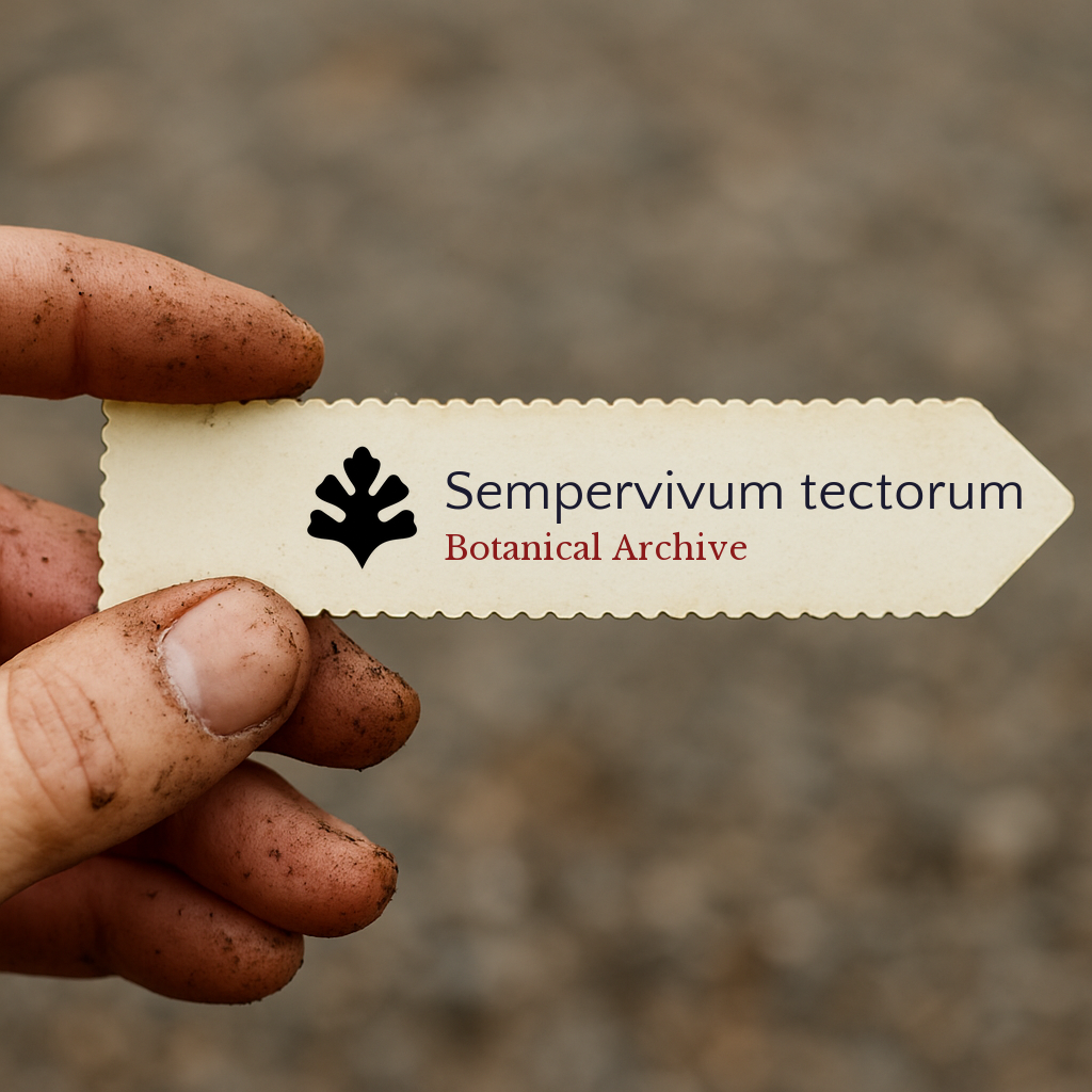 Etichetta vegetale stampata per Sempervivum tectorum tenuta da una mano sporca all'aperto