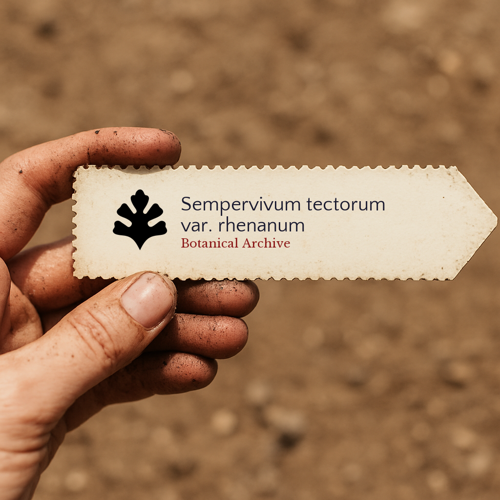 Printed plant label for Sempervivum tectorum var. rhenanum held in dirty hand outdoors