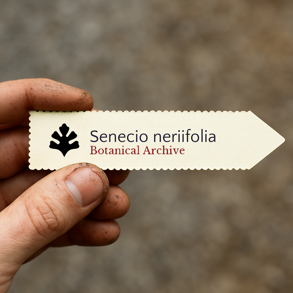 Etichetta per piante stampata per Senecio neriifolia con logo Botanical Archive tenuta a mano