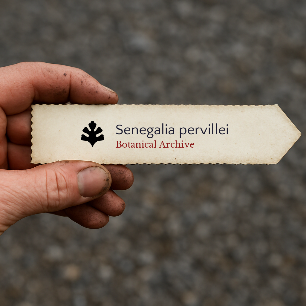 Printed plant label for Senegalia pervillei held by hand with dirt background