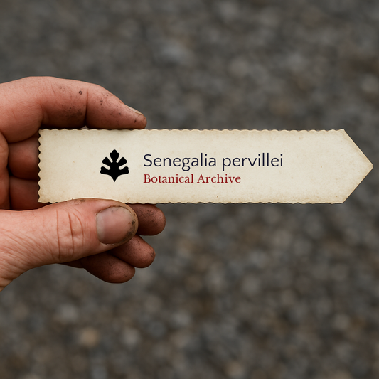 Printed plant label for Senegalia pervillei held by hand with dirt background