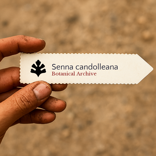Printed plant label for Senna candolleana held by hand with dirt background