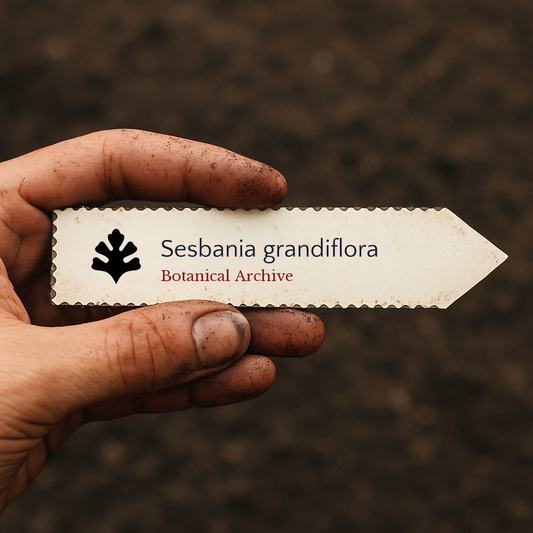 Printed plant label for Sesbania grandiflora held by dirty hand over soil background
