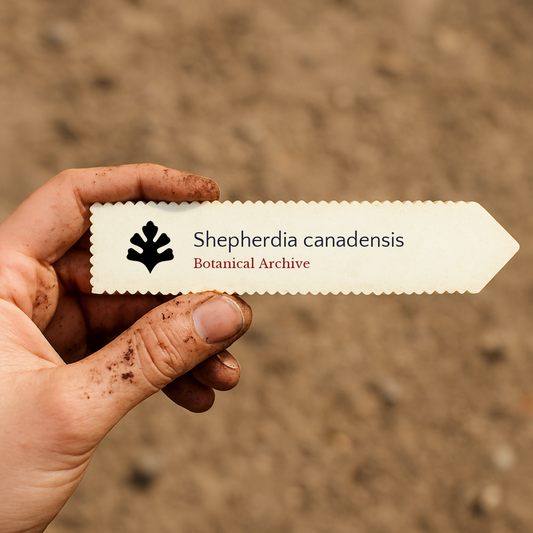Printed plant label for Shepherdia canadensis held by dirty hand over soil background