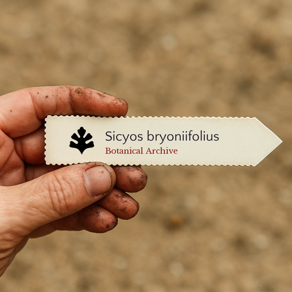 Printed plant label for Sicyos bryoniifolius held by dirty hand with soil background
