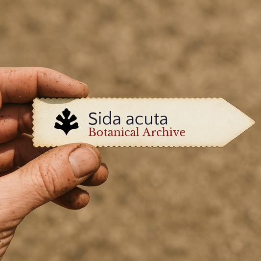 Printed plant label for Sida acuta held by hand with dirt background