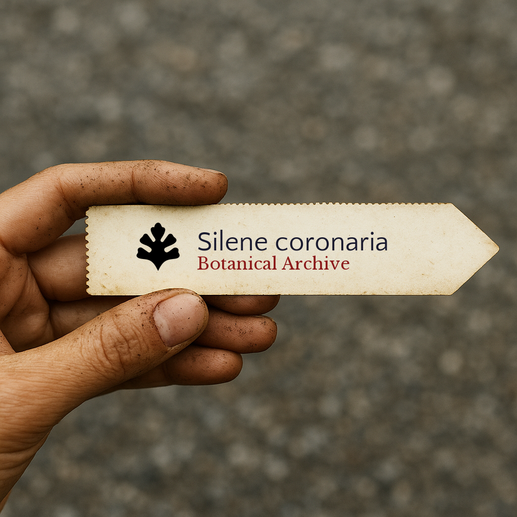 Printed plant label for Silene coronaria held by hand with dirt on fingers