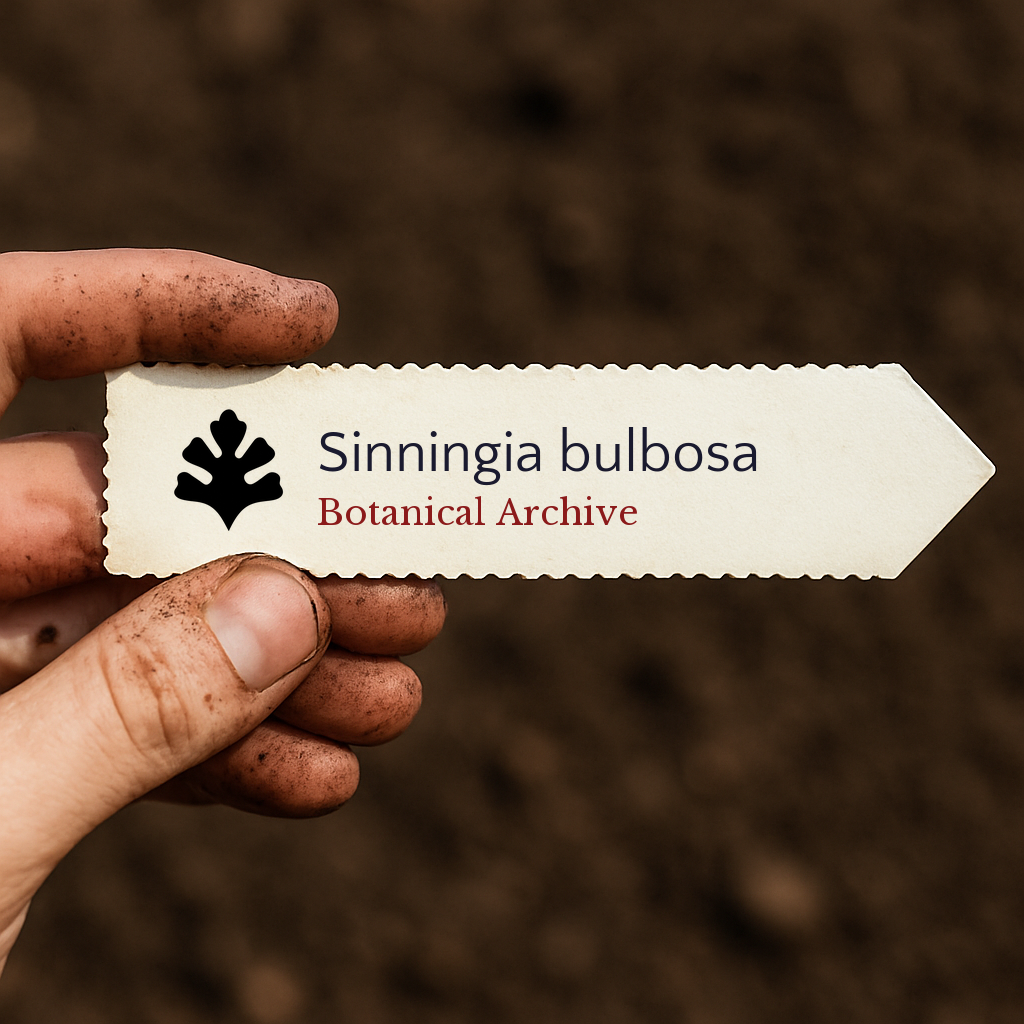 Printed plant label for Sinningia bulbosa held by dirty hand over soil background