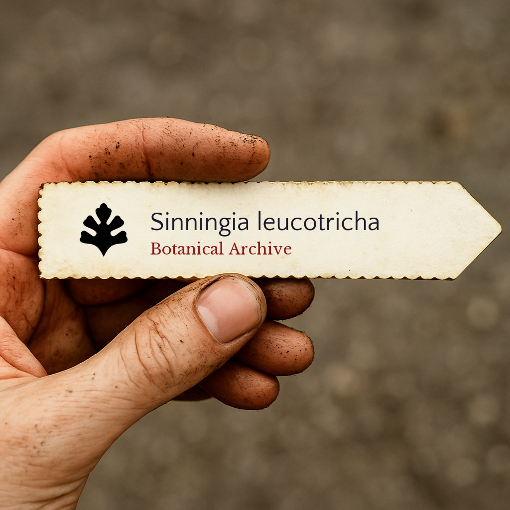 Printed plant label for Sinningia leucotricha held by dirty hand outdoors