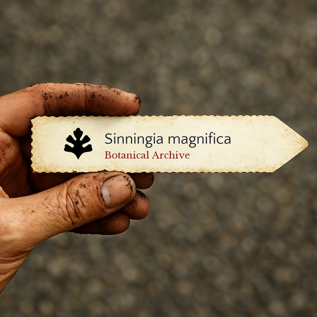 Printed plant label for Sinningia magnifica held by a dirt-covered hand outdoors