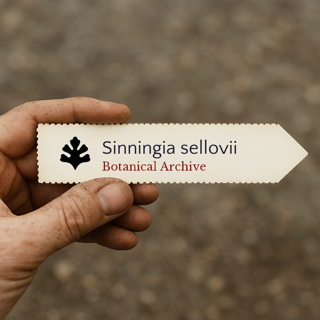 Printed plant label for Sinningia sellovii held by hand with soil background