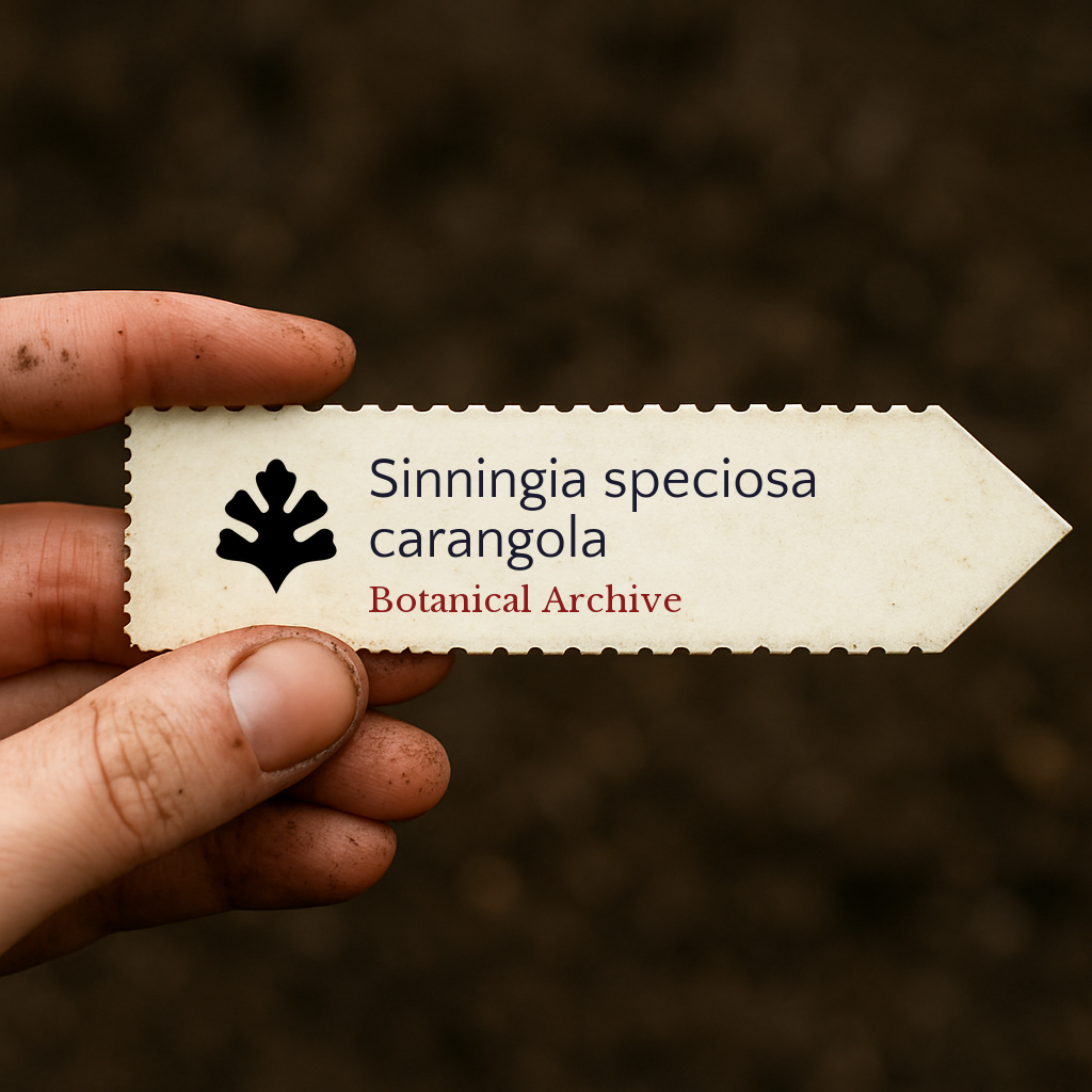 Printed plant label for Sinningia speciosa carangola held by hand with soil background