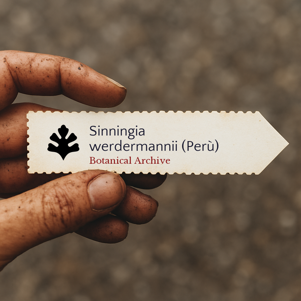 Printed plant label for Sinningia werdermannii with botanical archive logo held by dirty hand