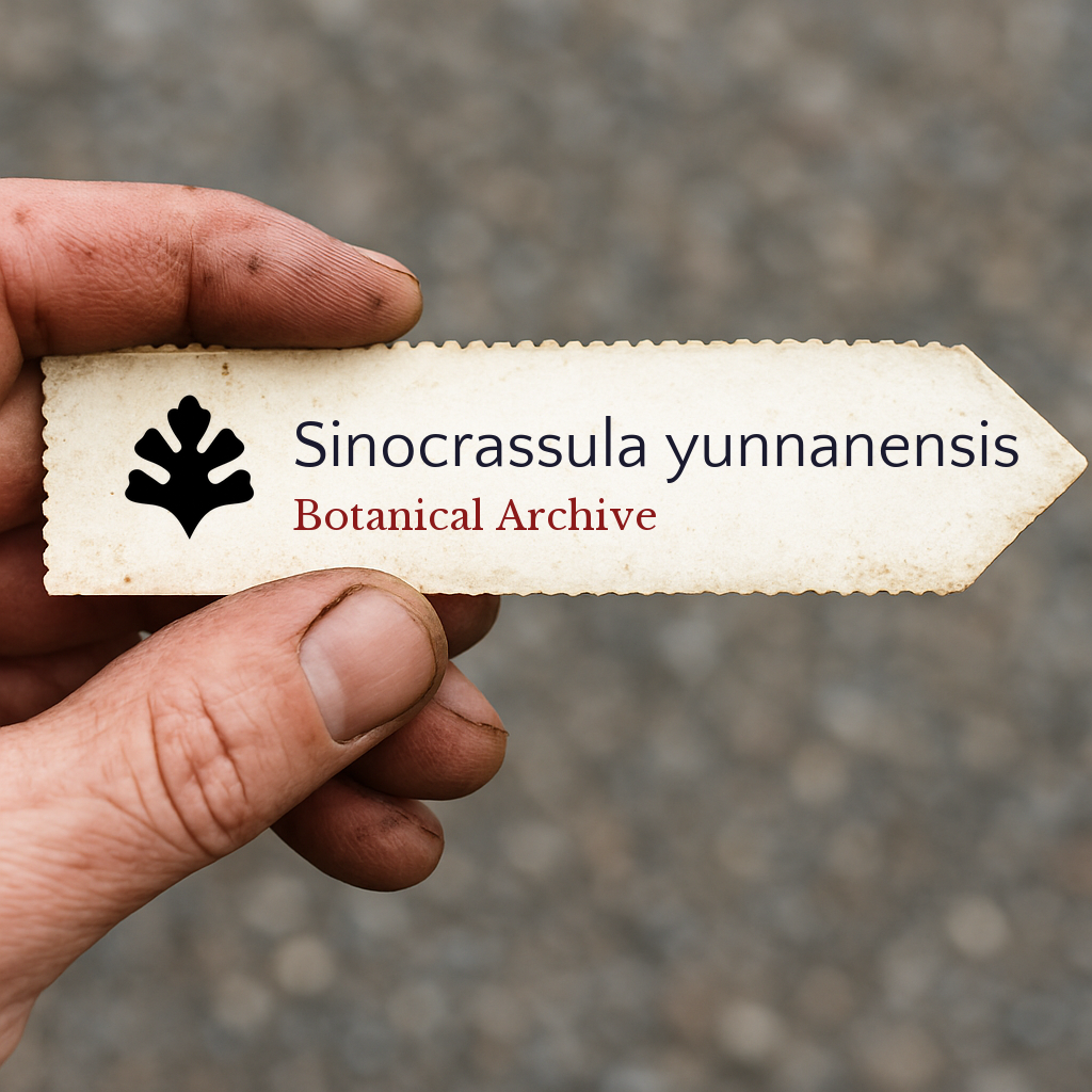 Printed plant label for Sinocrassula yunnanensis held by hand with blurred background