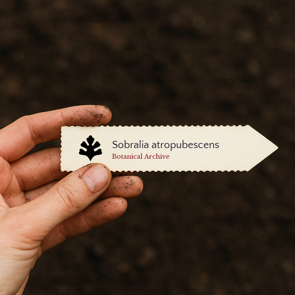 Printed plant label for Sobralia atropubescens held over dark soil background