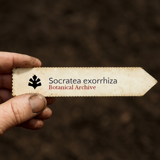 Printed plant label for Socratea exorrhiza held by hand over soil background