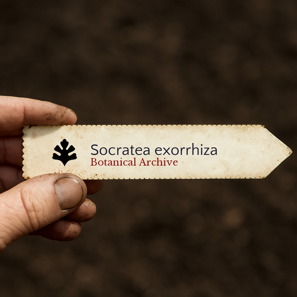 Printed plant label for Socratea exorrhiza held by hand over soil background