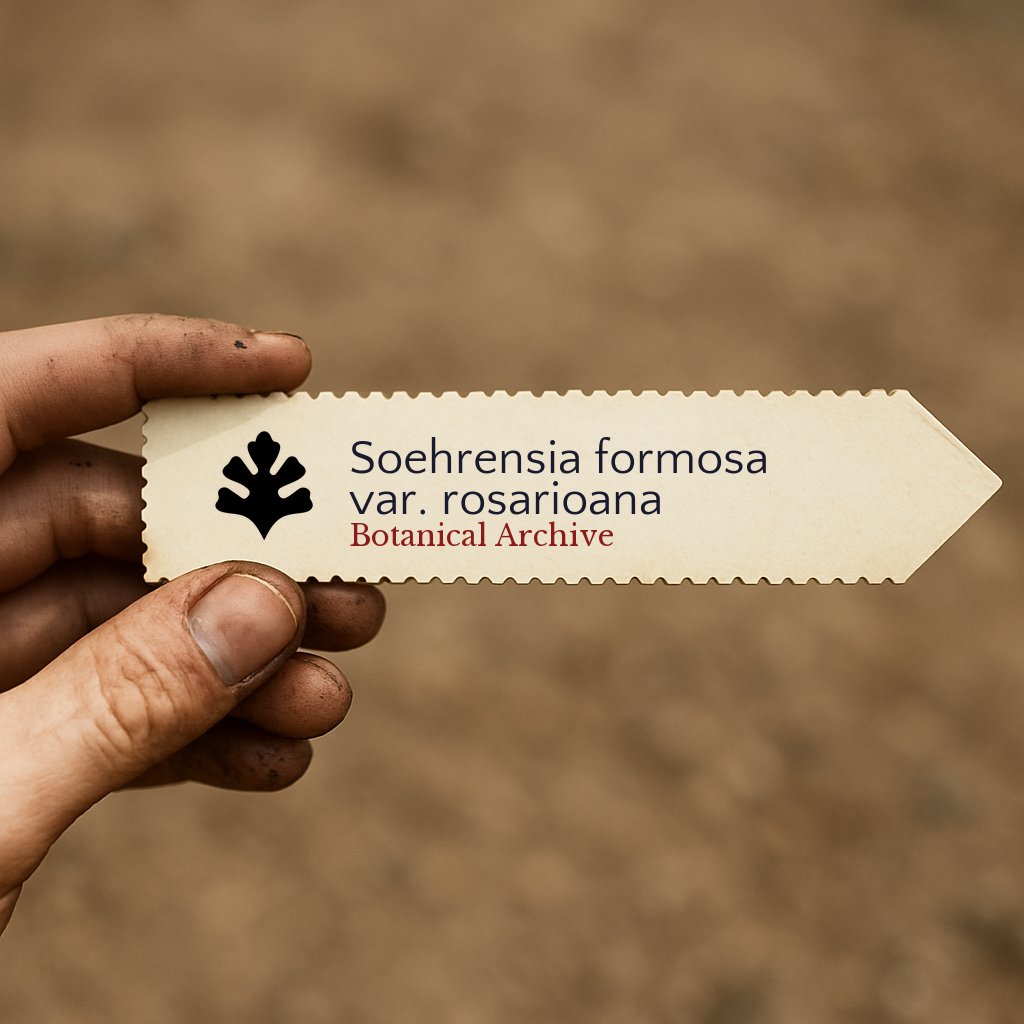 Printed plant label for Soehrensia formosa var. rosarioana held by hand with soil background