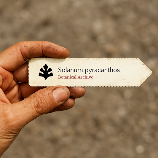 Etichetta per piante stampata per Solanum pyracanthos tenuta a mano con sfondo di terra