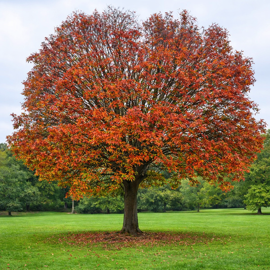 Sorbus intermedia tree with vibrant orange-red autumn foliage in park setting
