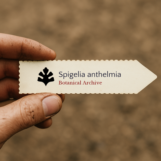 Printed plant label for Spigelia anthelmia held by hand with soil background