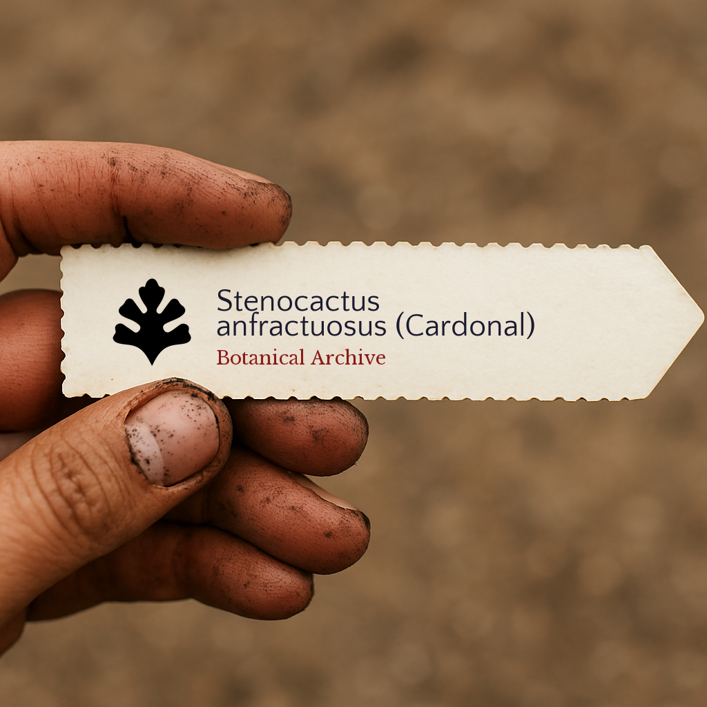 Etichetta stampata per pianta di Stenocactus anfractuosus (Cardonal) tenuta da mano sporca all'aperto