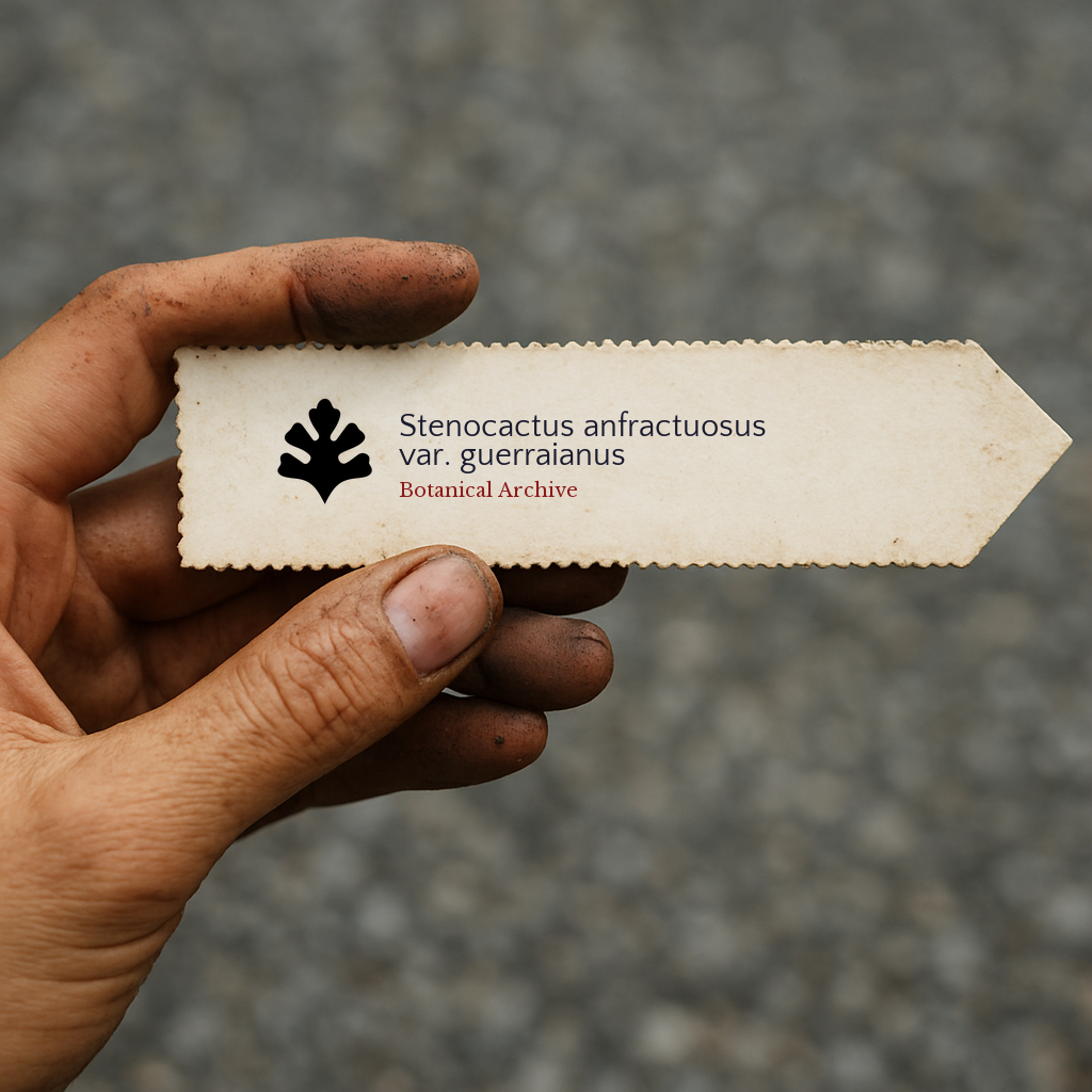 Printed plant label for Stenocactus anfractuosus var. guerraianus held by dirty hand