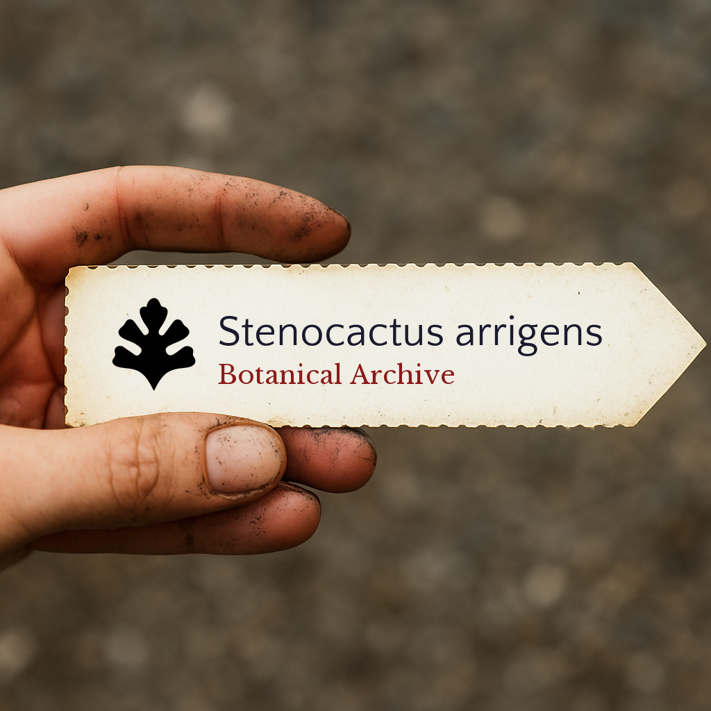 Etichetta stampata per pianta di Stenocactus arrigens tenuta da mano sporca all'aperto