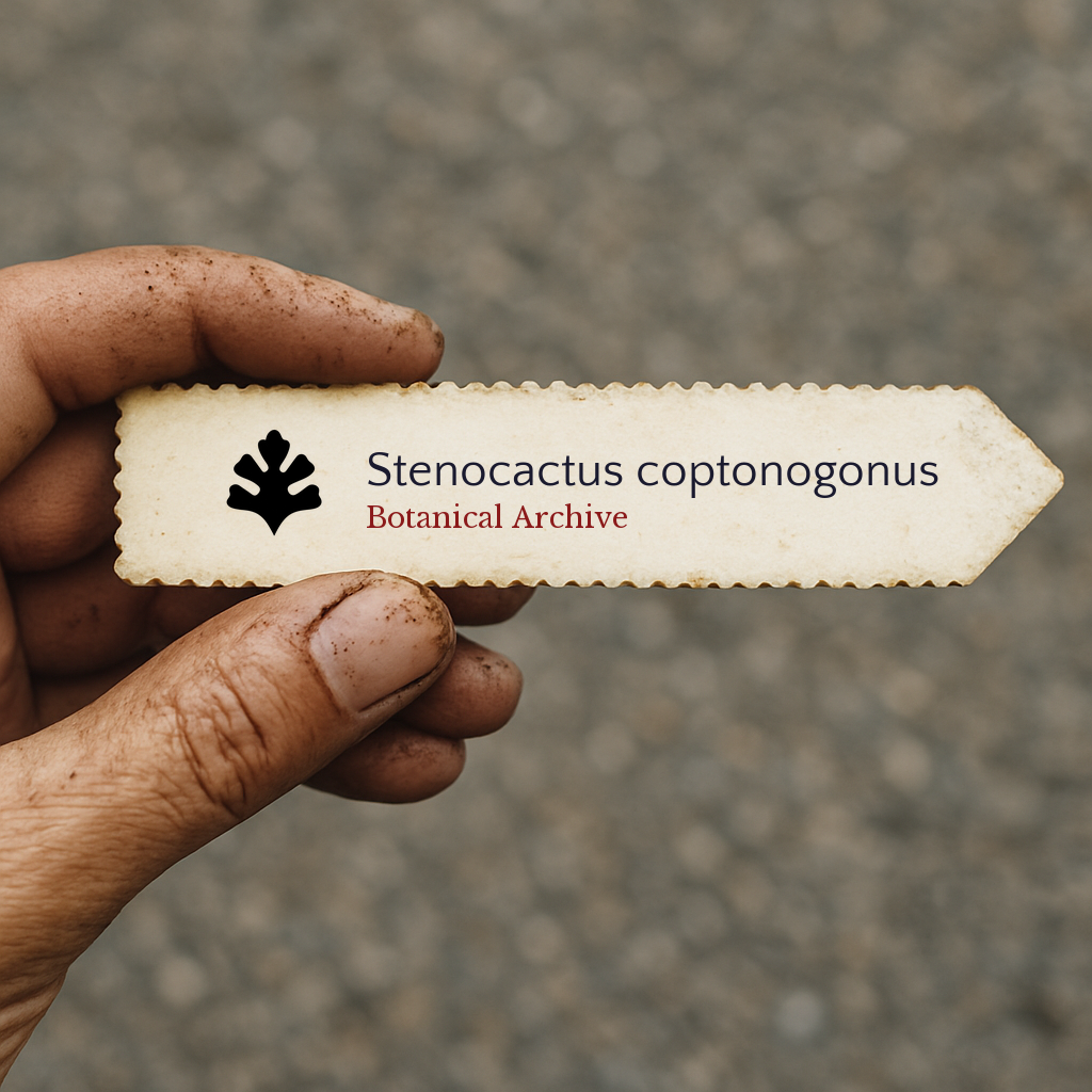 Printed plant label for Stenocactus coptonogonus held by dirty hand outdoors