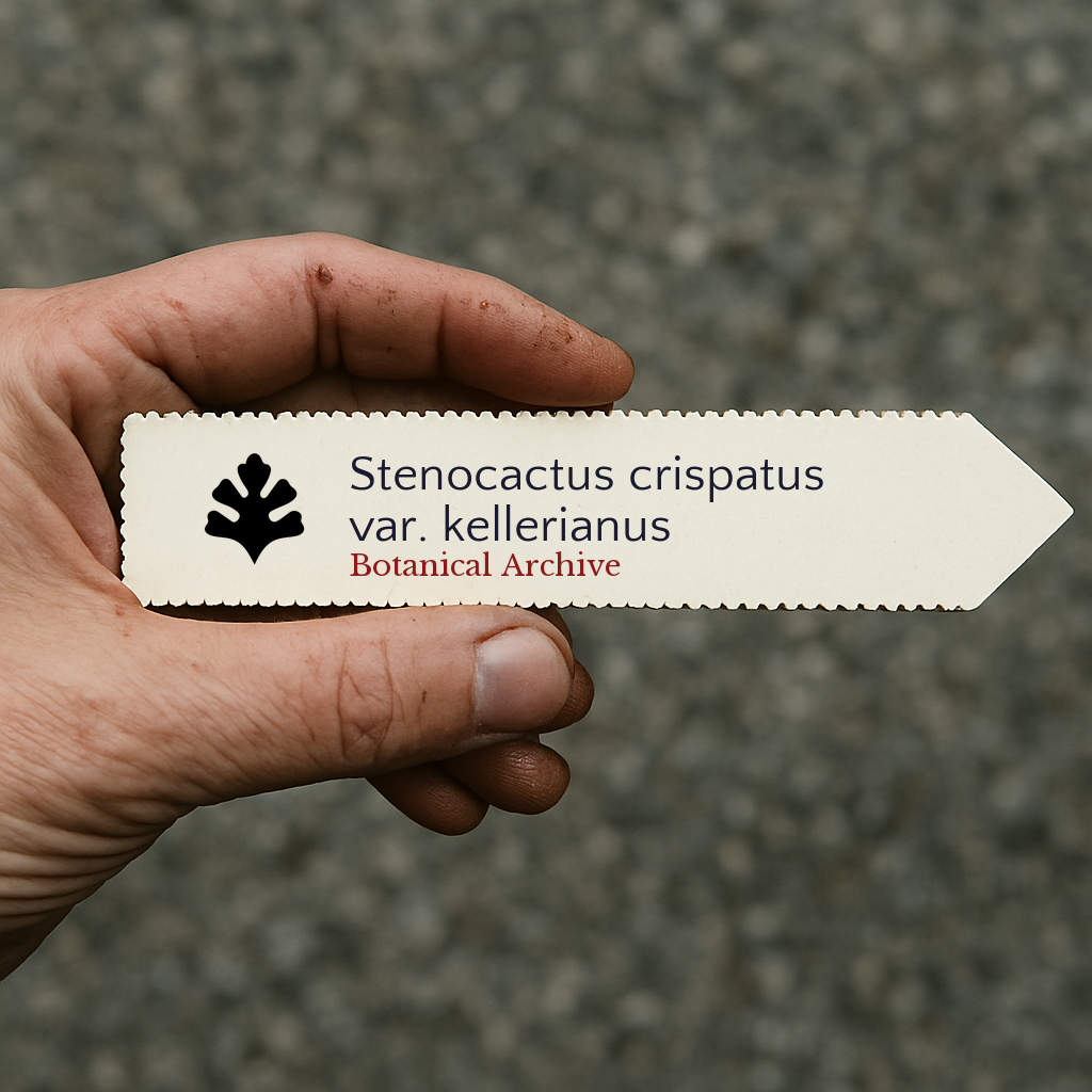 Printed plant label for Stenocactus crispatus var. kellerianus held in hand with textured background
