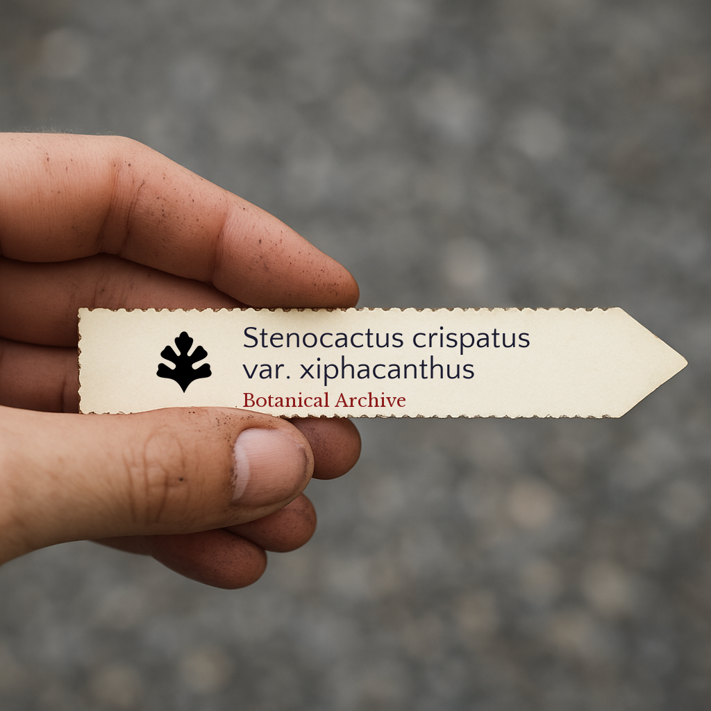 Etichetta stampata per pianta di Stenocactus crispatus var. xiphacanthus tenuta in mano